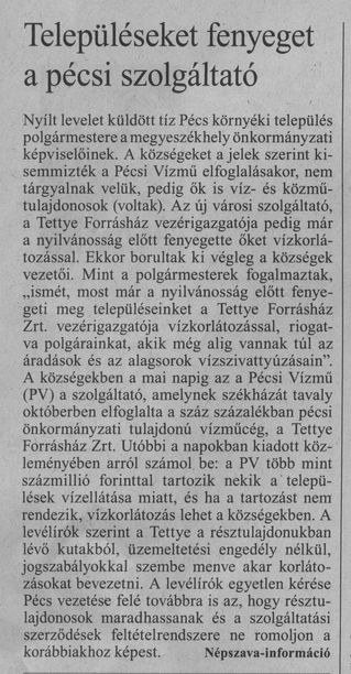 Településeket fenyeget a pécsi szolgáltató