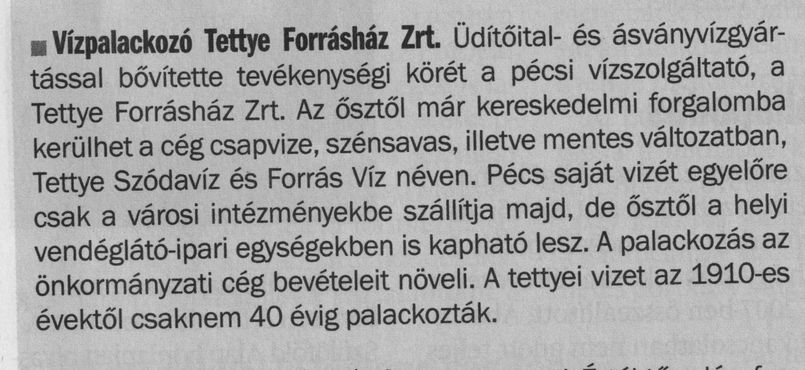 Vízpalackozó Tettye Forrásház Zrt.