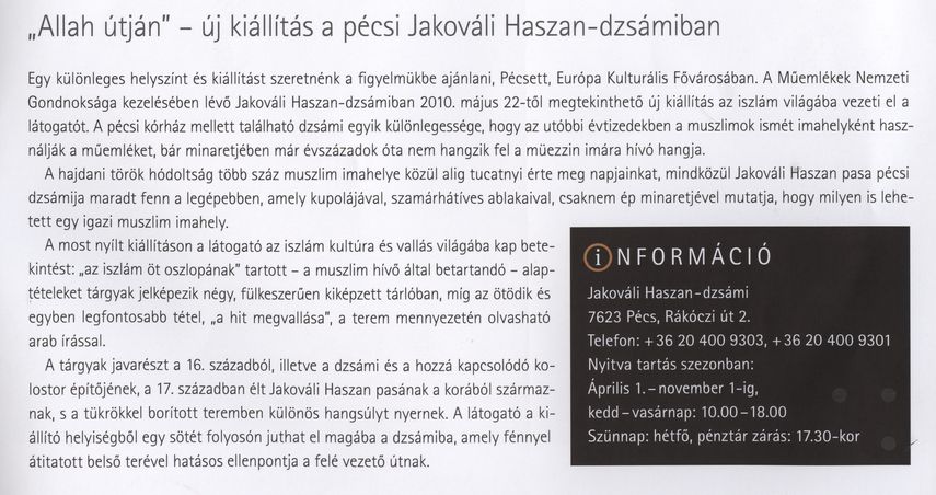 "Allah útján" - új kiállítás a pécsi Jakováli Hasszán-dzsámiban