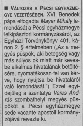 Változás a Pécsi Egyházmegye vezetésében