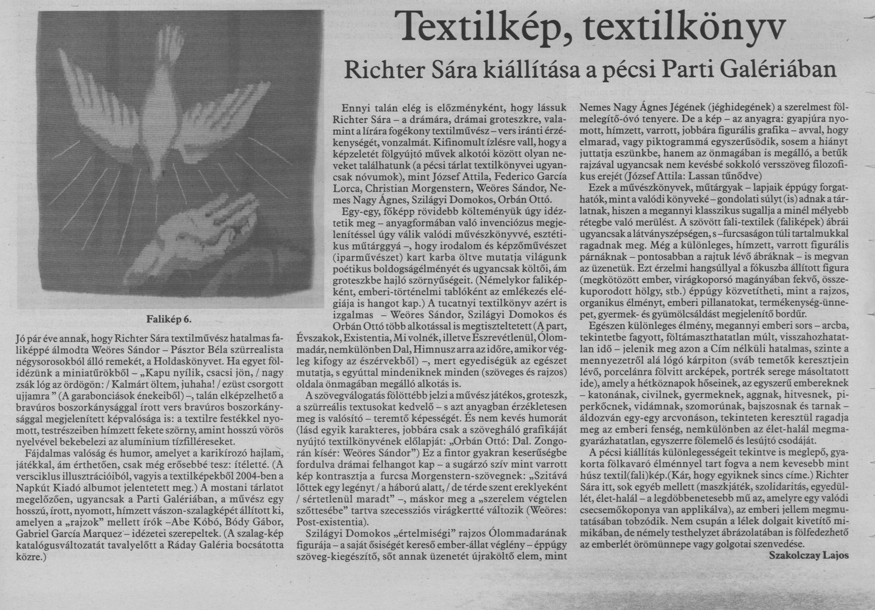 Textilkép, textilkönyv : Richter Sára kiállítása a pécsi Parti Galériában