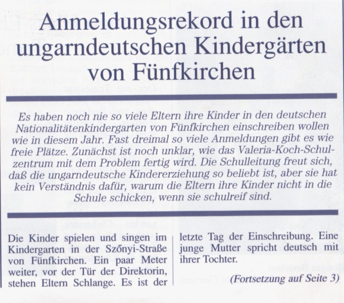 Anmeldungsrekord in den ungarndeutschen Kindergärten von Fünfkirchen