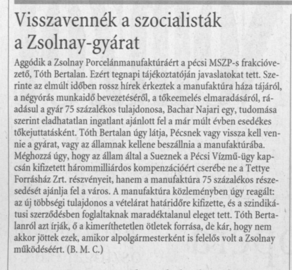 Visszavennék a szocialisták a Zsolnay-gyárat