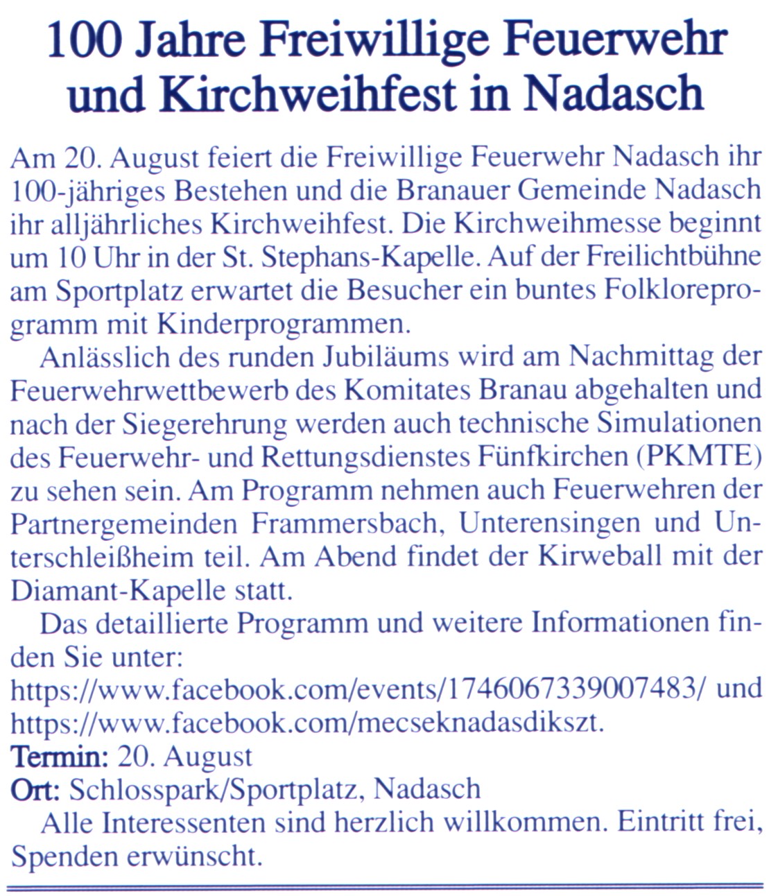 100 Jahre Freiwillige Feuerwehr und Kirchweihfest in Nadasch