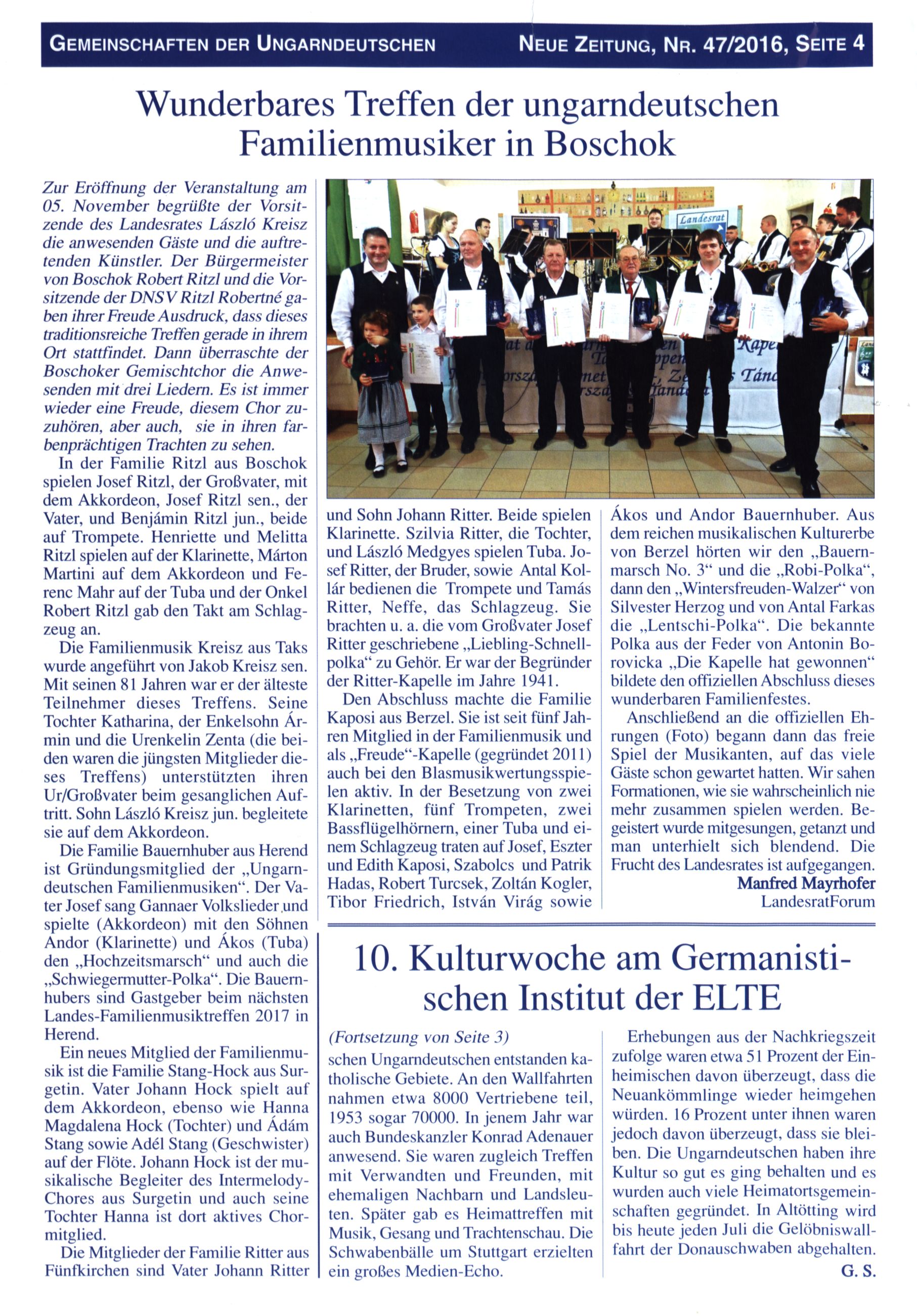 Wunderbares Treffen der ungarndeutschen Familienmusiker in Boschok