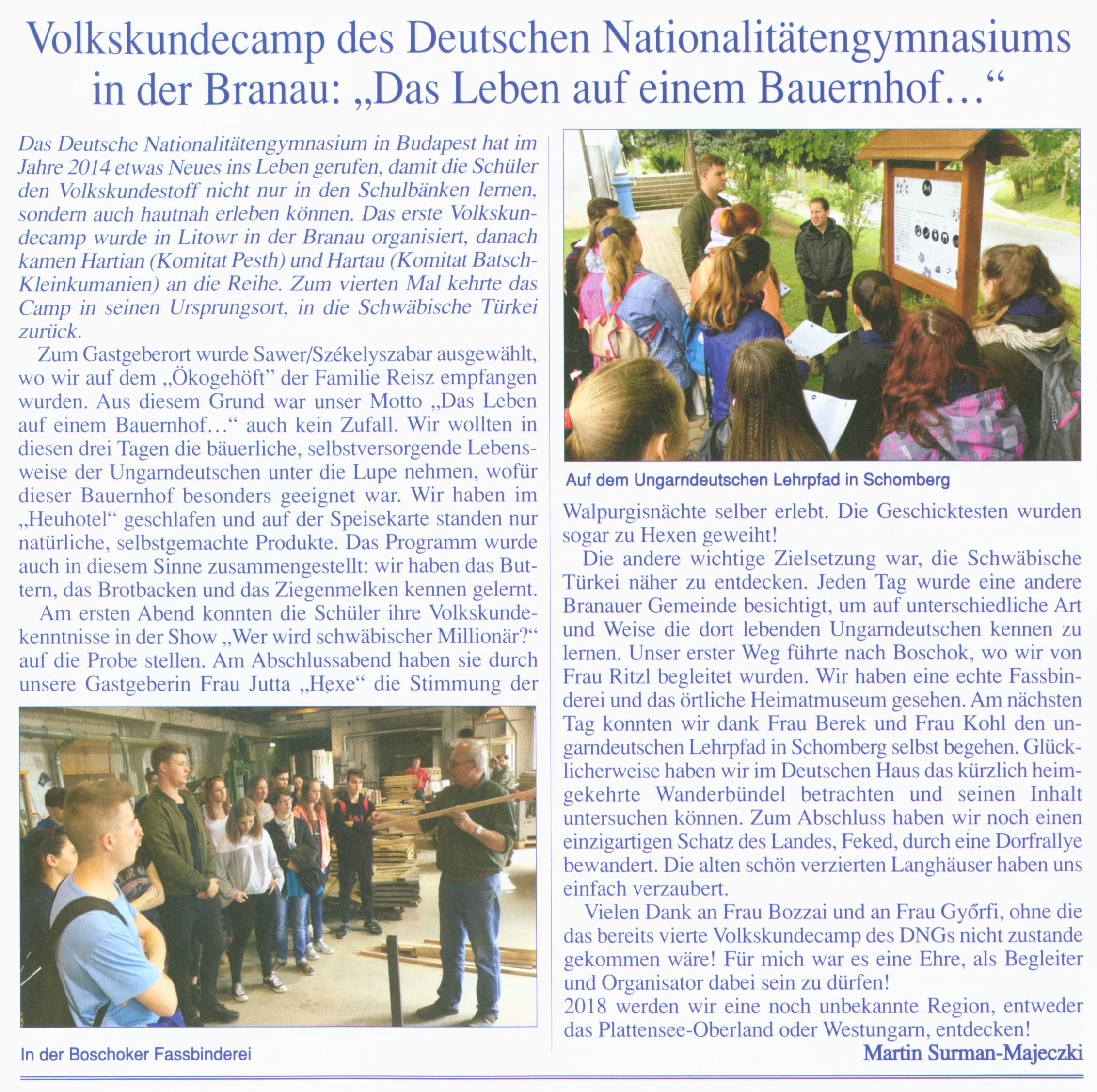 Volkskundecamp des Deutschen Nationalitätengymnasiums in der Branau: "Das Leben auf einem Bauernhof..."