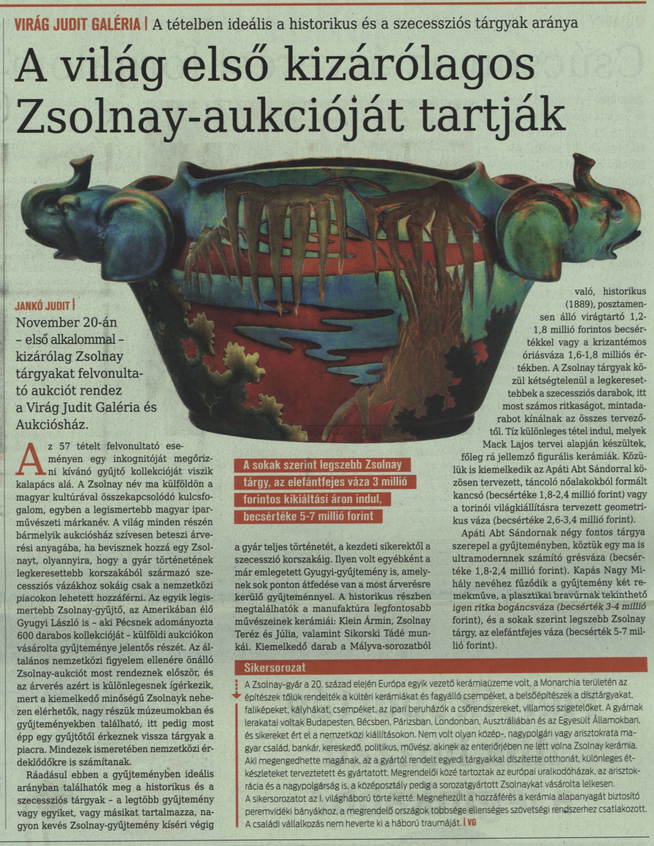 A világ első kizárólagos Zsolnay-aukcióját tartják A tételben idális a historikus és a szecessziós tárgyak aránya