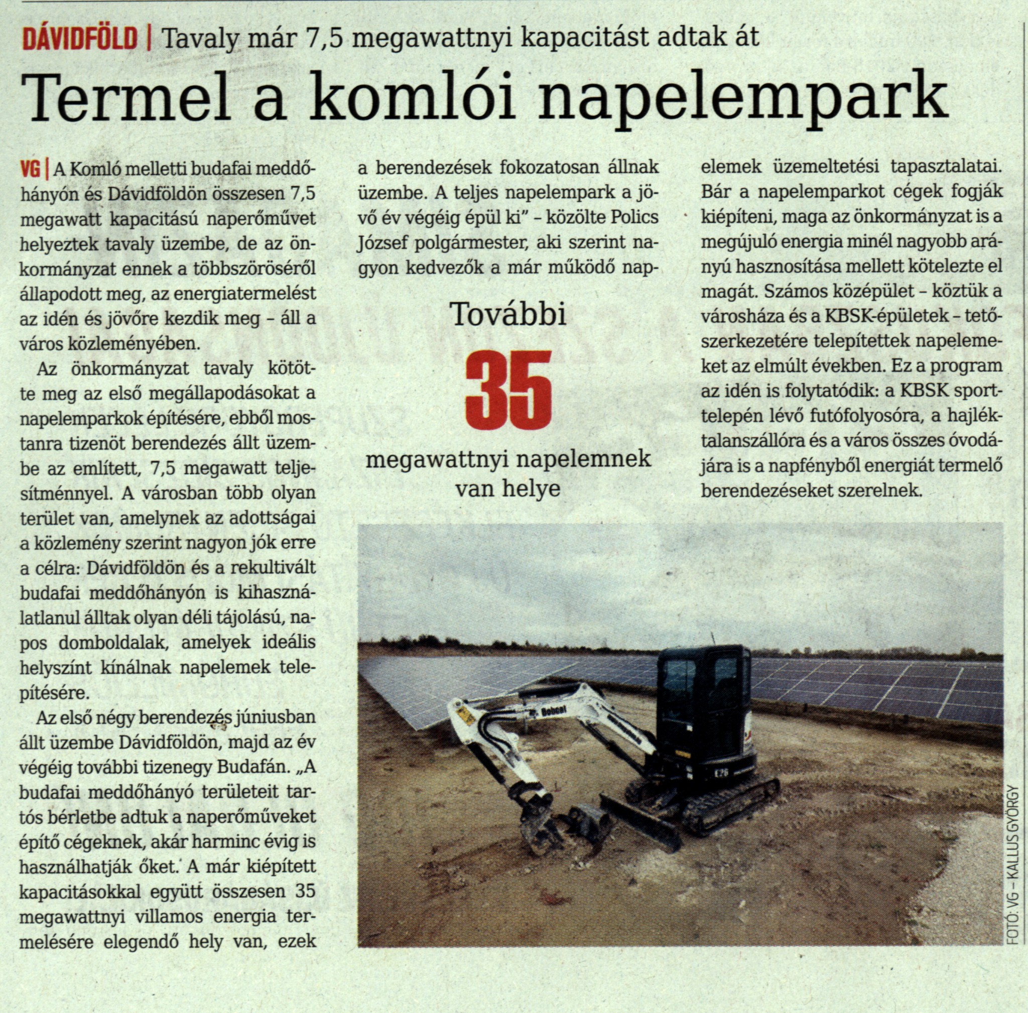 Termel a komlói napelempark Tavaly már 7,5 megawattnyi kapacitást adtak át