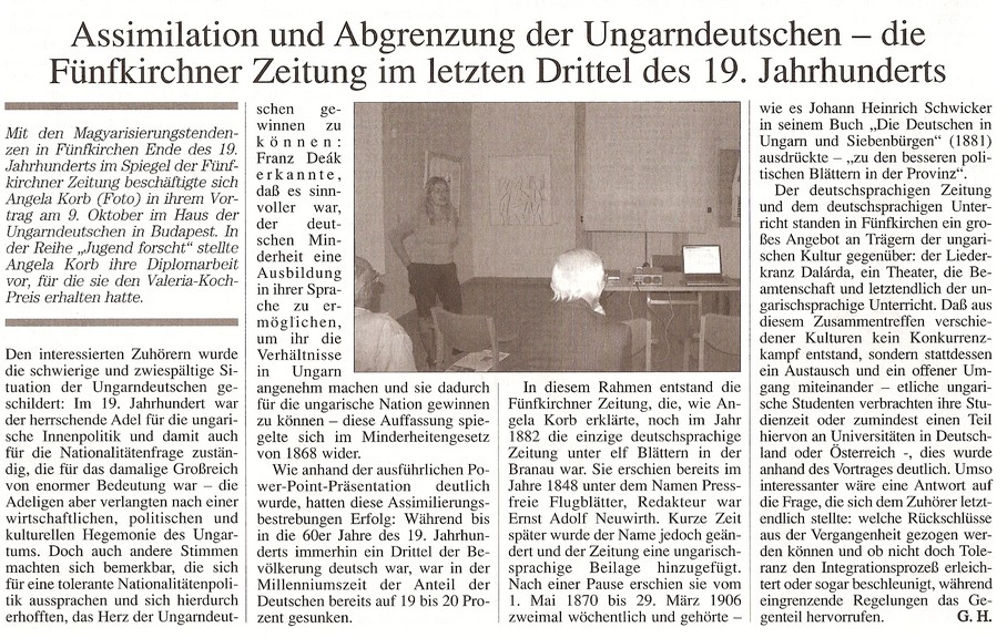 Assimilation und Abgrenzung der Ungarndeutschen - die Fünfkirchner Zeitung im letzten Drittel des 19. Jahrhunderts