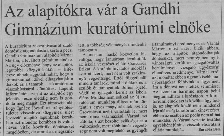 Az alapítókra vár a Gandhi Gimnázium kuratóriumi elnöke