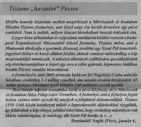 Tiziano "hazatért" Pécsre