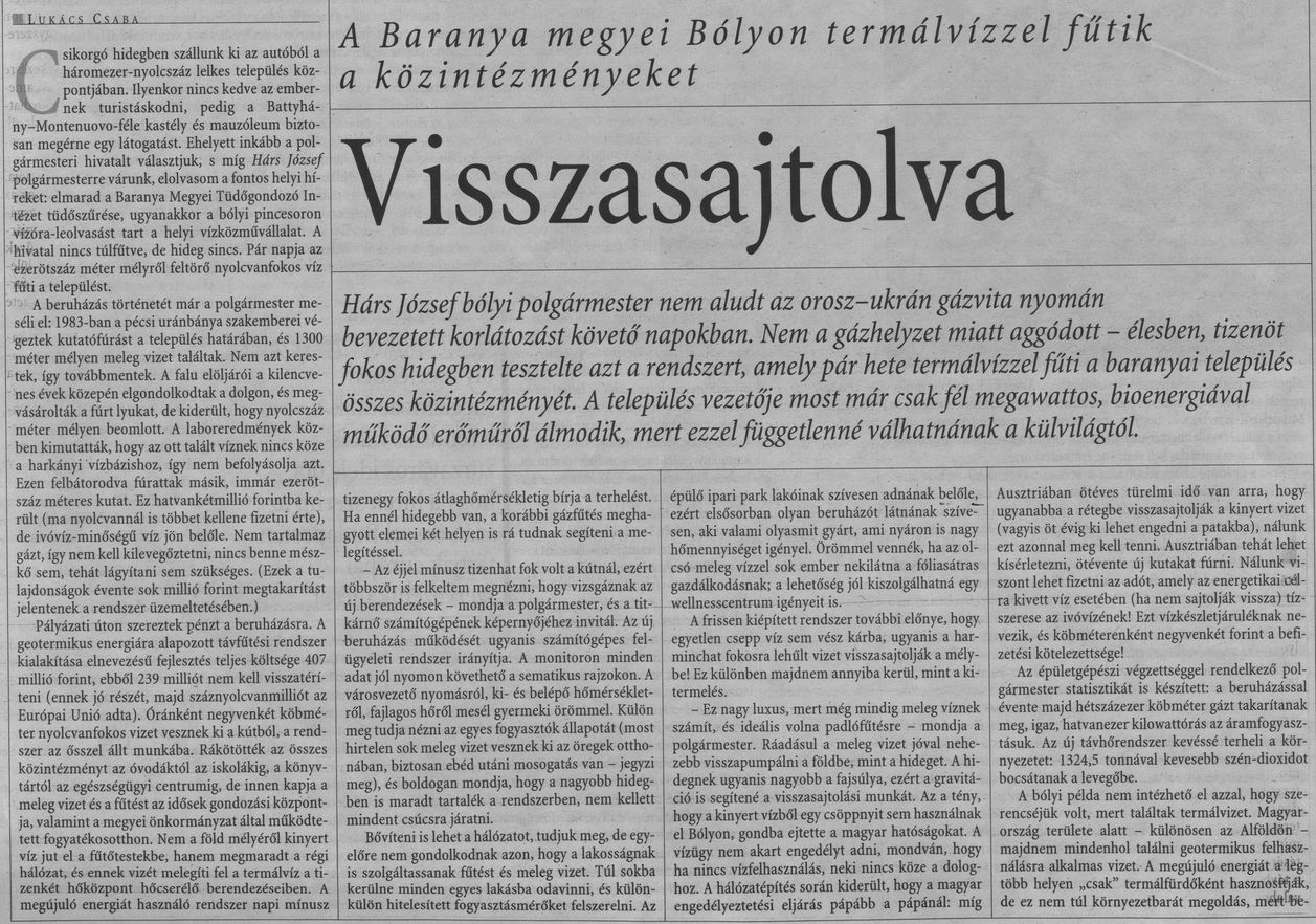 Visszasajtolva A Baranya megyei Bólyon termálvízzel fűtik a közintézményeket