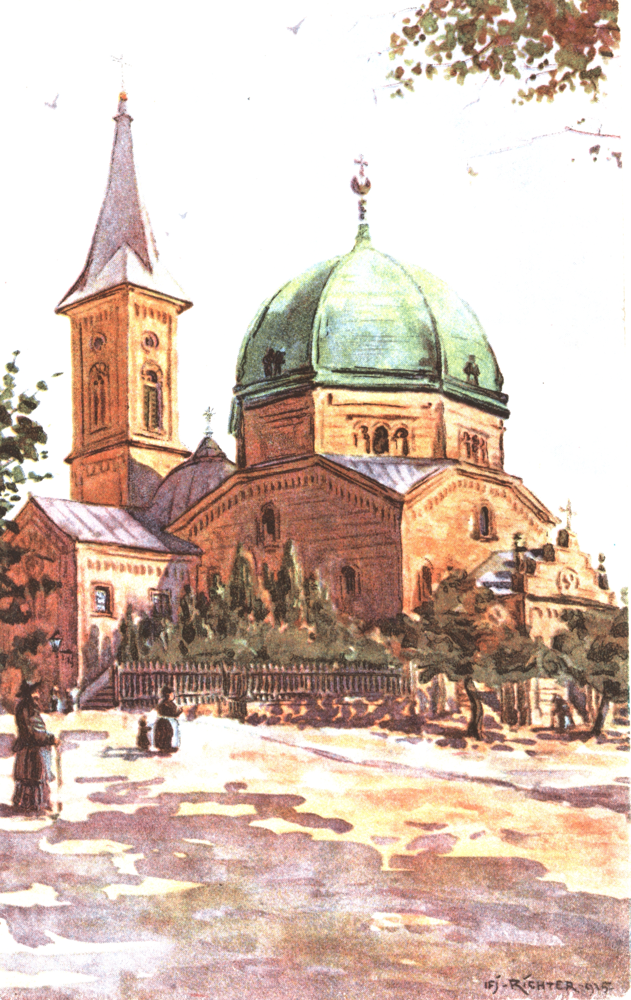 Pécs Ifj. Richter Aladár akvarellje a Belvárosi templomról